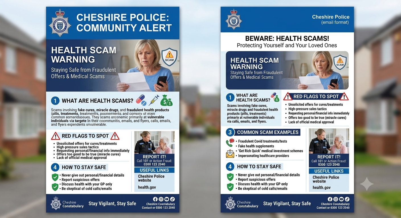 AI generated image to illustrate a Cheshire Police Alert Health Scams Awareness Newsletter for June 2026.