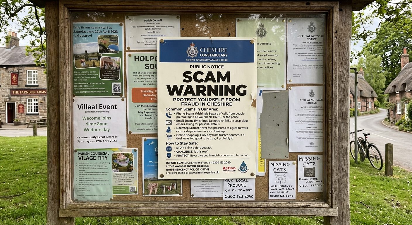 AI Generated Image depicting Cheshire Police Scams Poster.