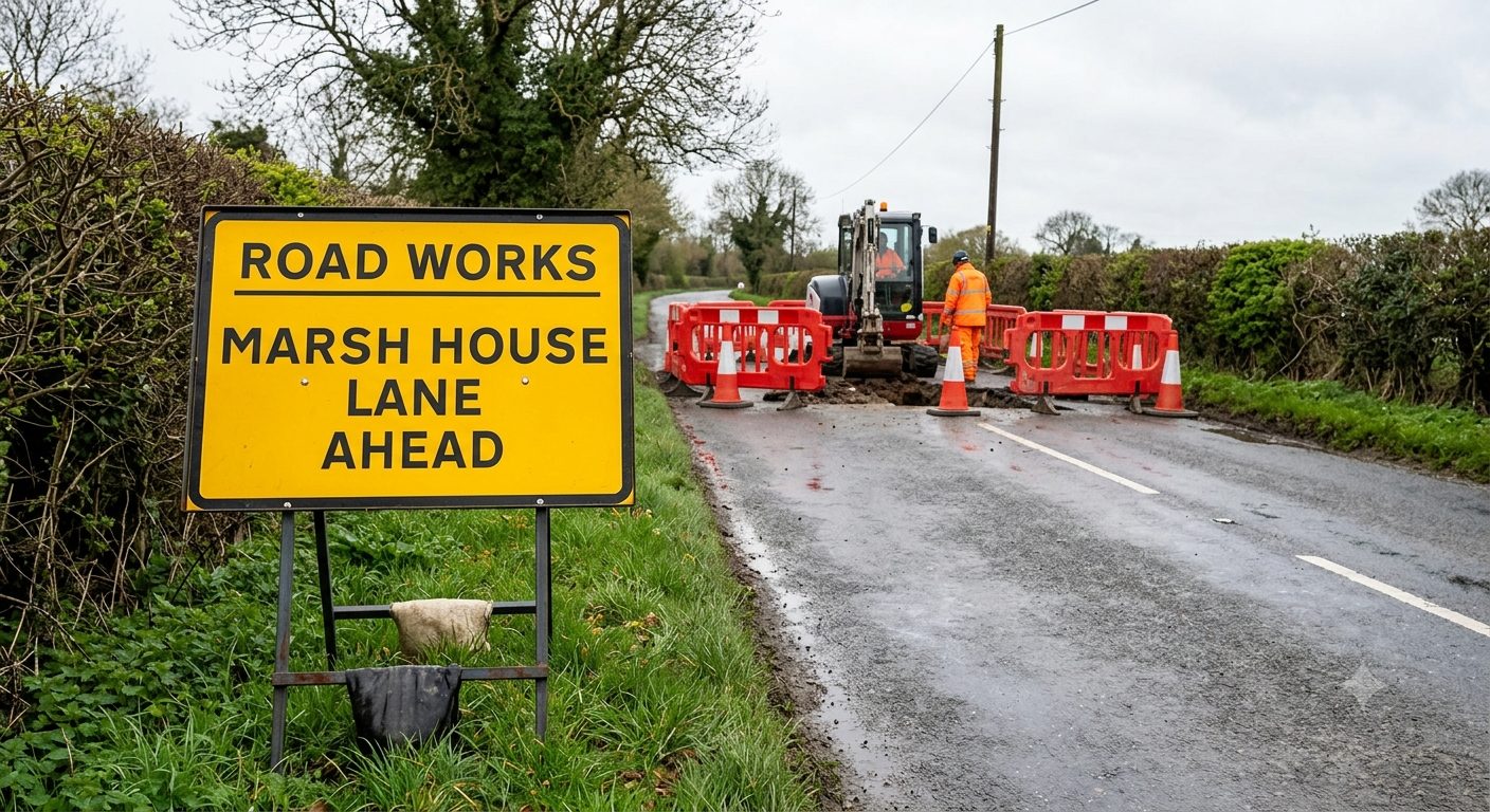 An AI generated image showing road works sign reading Road Works Marsh House Lane