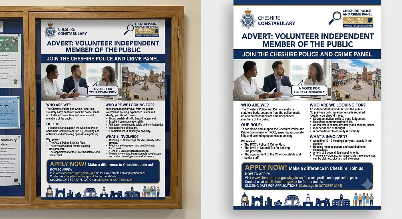 Document referring to Cheshire Police advertising IA Generated image depicting an advert to find a member of the public to serve as an independent member on the Cheshire Police and Crime Panel.